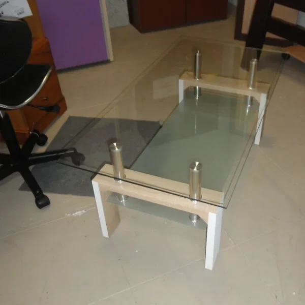 Mesa Centro Cristal Madera Metal Blanca